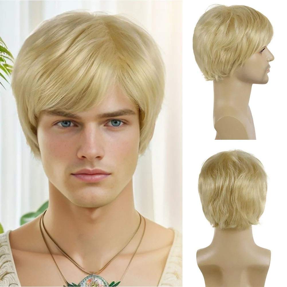 Synthetic Hair Male Wigs Blonde Short Haircuts with Bangs Wig Natural Hairstyle Golden Straight Hair Replacement Wig Cosplay