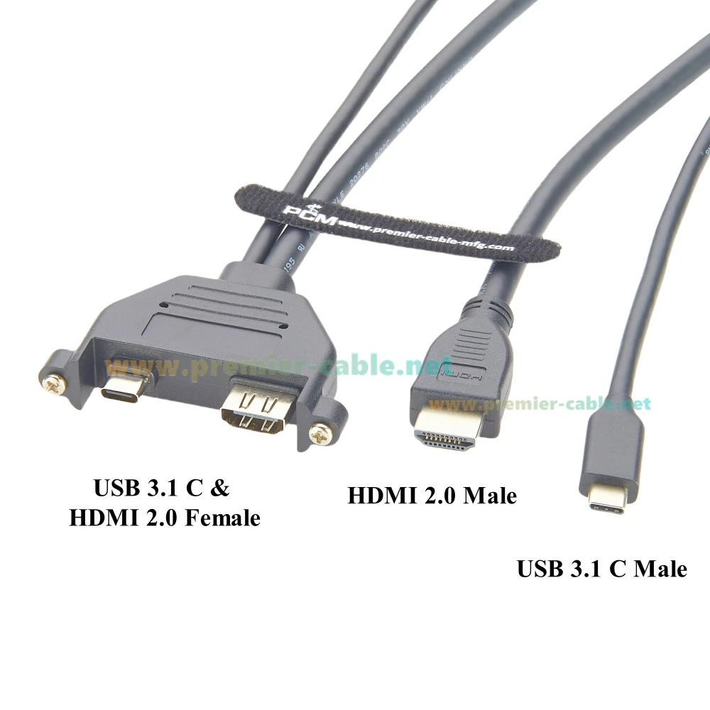 Dual Ports USB 3.1 C HDMI 2.0 Combo Extension Cable 10Gbps 4K@60hz Male to Female Screw Panel Mount for PC Dashboard