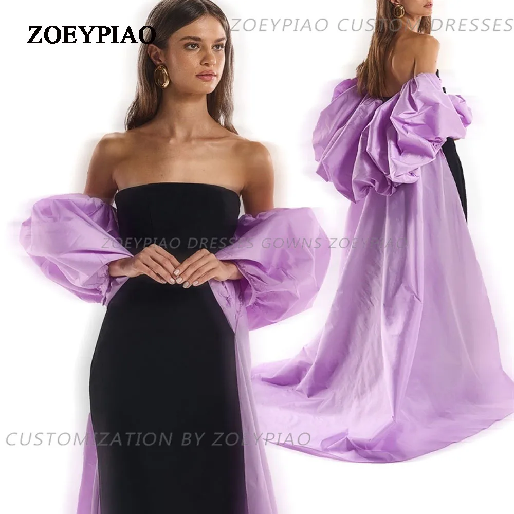 Handmade Strapless Evening Gowns com capa destacável, vestidos de baile, mangas compridas, evento formal, preto