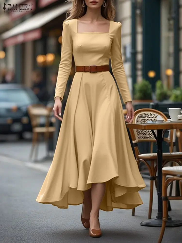 ZANZEA Herbst Elegante Frauen Party Vestidos Langes Kleid Langarm Quadrat Kragen Solide Sommerkleid 2025, Mode Asymmetrische Maxi Robe