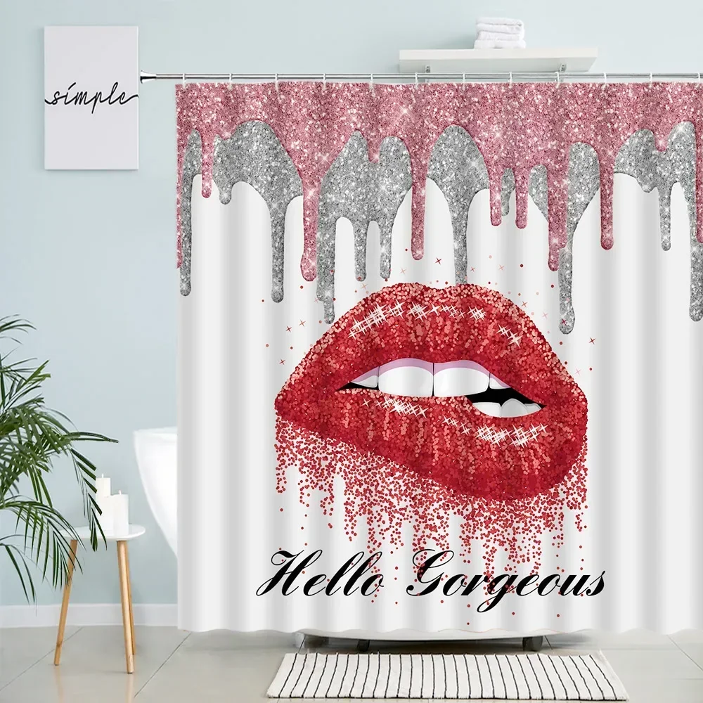 Hello Gorgeous Red Lips Shower Curtains Creative Design Fashion Art Woman Girl Bathroom Decor Bath Curtain Set Fabric with Hooks