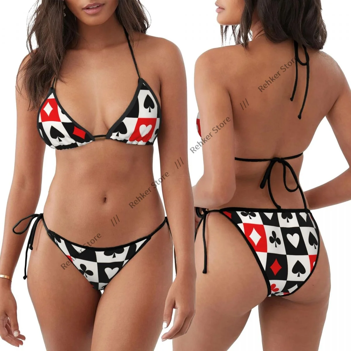 Sexy Bikini Red Black Poker Square Plaid Checkerboard Heart Playing Cards Swimsuit Women Swimwear Set Bathing Suit Beach Wear