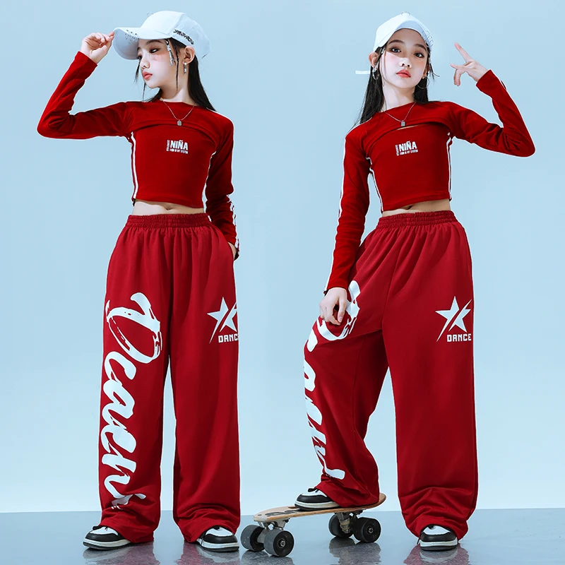 Girls K-pop Letters Crop Shirt Cargo Pants Boys Hip Hop Street Dance Coat Clothes Sets Child Streetwear Kids Teens Jazz Costume