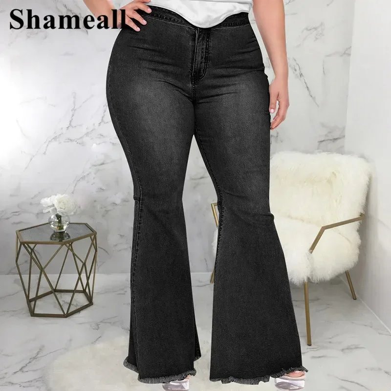 Plus size cintura alta emendado queimado jeans mãe 4xl feminino confortável elástico apertado franja hem calças de perna larga feminino sino inferior