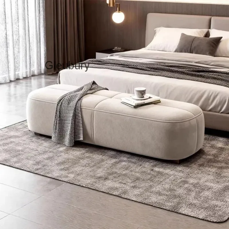 Curved Upholstered Bed End Bench, Segment‑Stitched Padded Long Ottoman, Plush Footrest Stool for Bedroom Living Room Entryway
