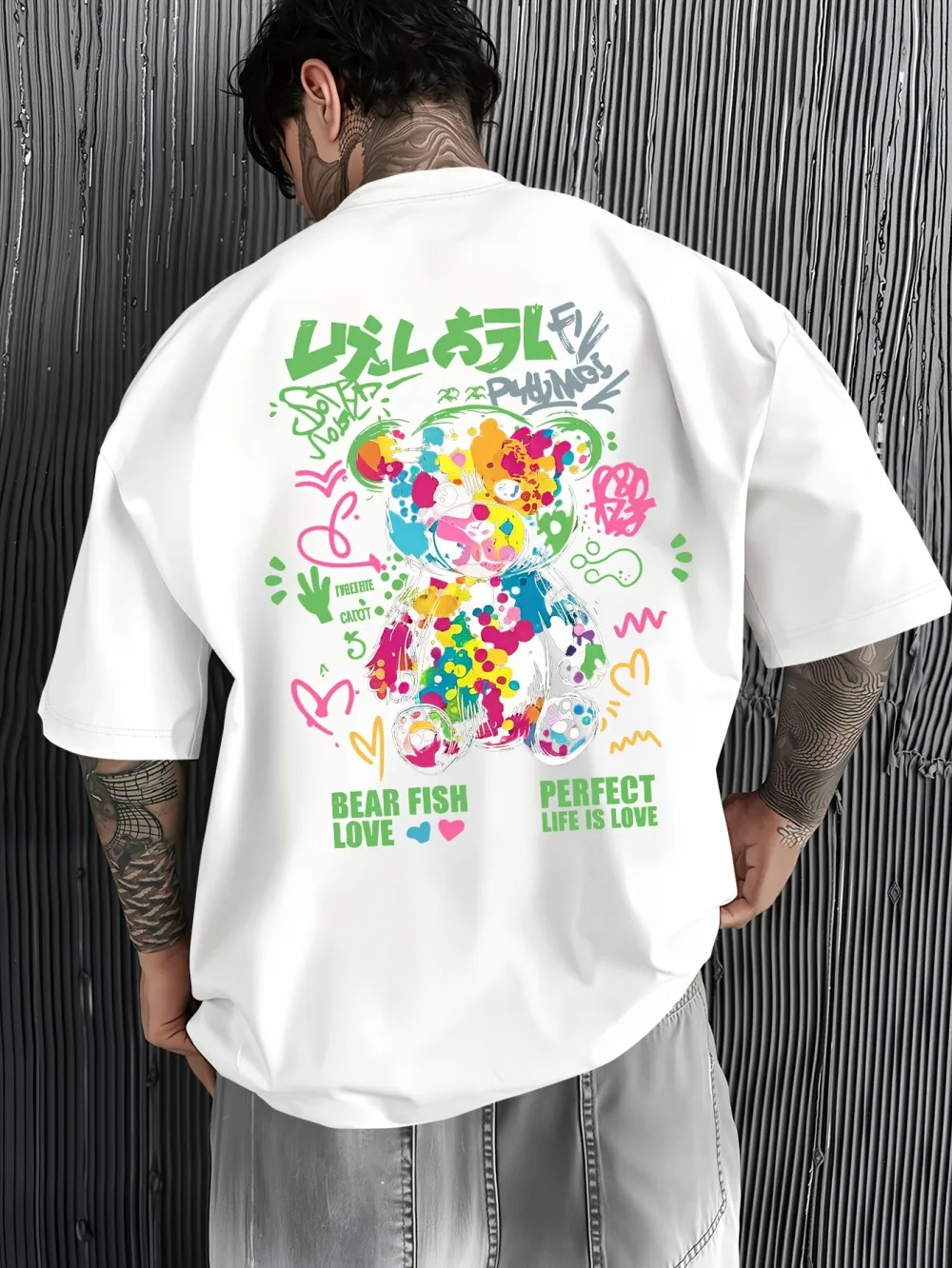 European and American men's summer letter teddy bear graffiti print micro elastic breathable round neck T-shirt outdoor casual t