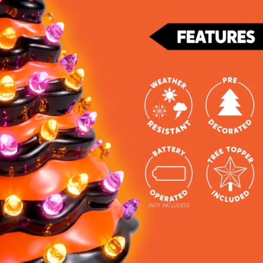 8.5 Inch Halloween Orange Pumpkin Ceramic Tree with Multicolor Bulbs, LED Light Up Battery Operated Spooky Halloween Decor for Indoor Tabletop Mantel Shelf Party Gifts