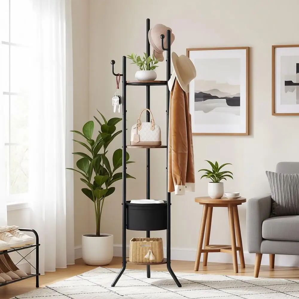 

3-Tier Wooden Coat Rack with Fabric Basket and 5-Hook Metal Tree Stand for Hats, Bags, Brown & Black