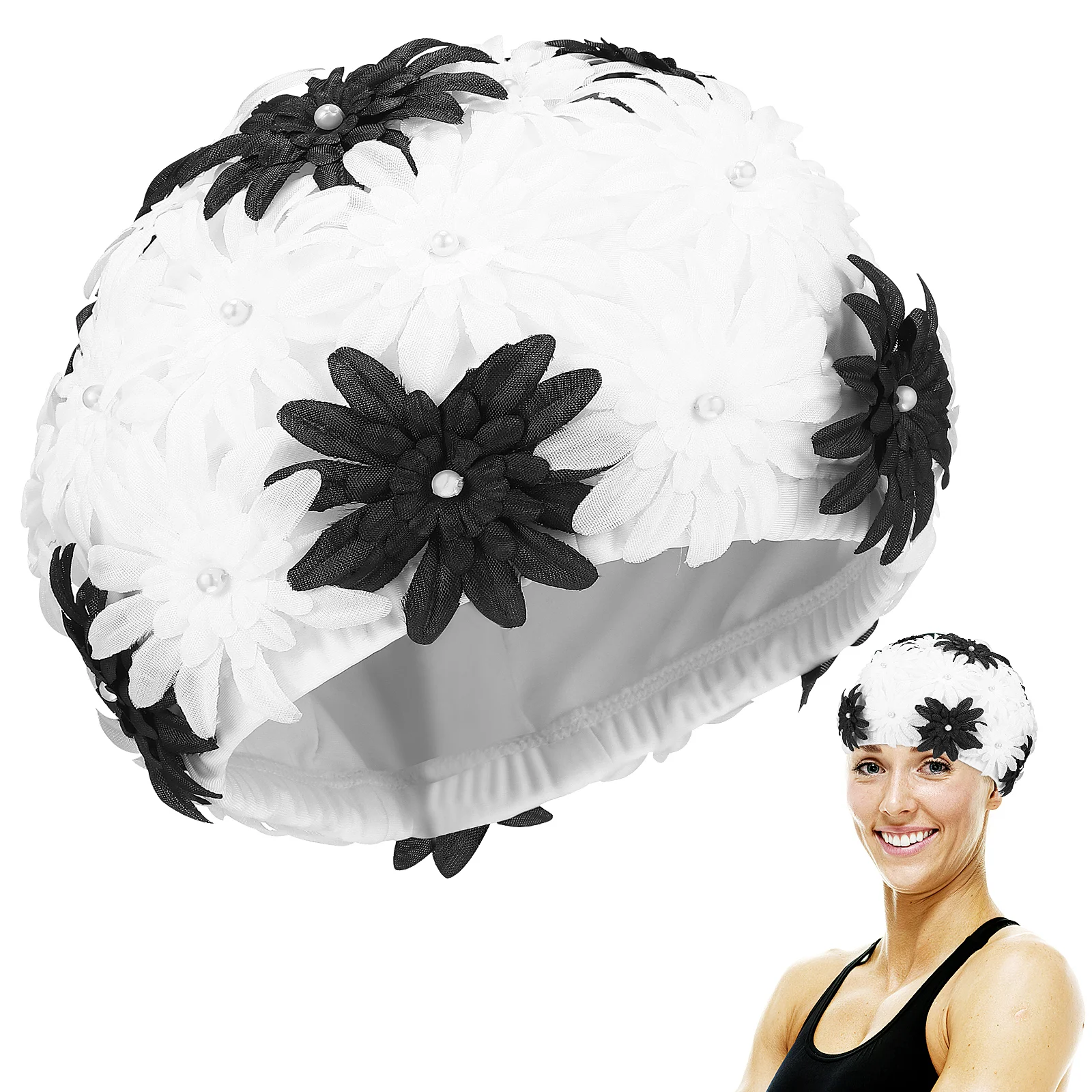 

Women Double Layer Hollow Pearl Flower Swimming Cap Ladies Swimming Hat for Outdoor Rafting Stitched Swim Cap for Water Sports