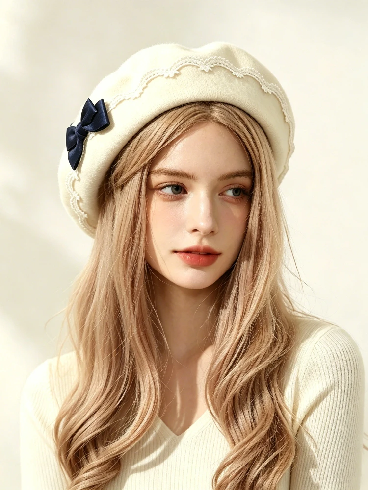 Lace Beret for Women Elegant Navy Bow Decor Painter Cap Vintage Japanese Style Cosplay Props Ladies Lolita Beret Hats