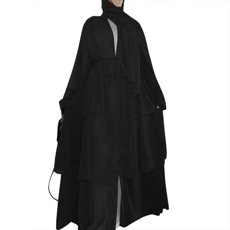 Robe Femme Musulmane แฟชั่นเย็บสามชั้นชีฟอง Elegant เสื้อสเวตเตอร์ถักชุด Abayas สําหรับผู้หญิงดูไบเปิด Abaya Kimono