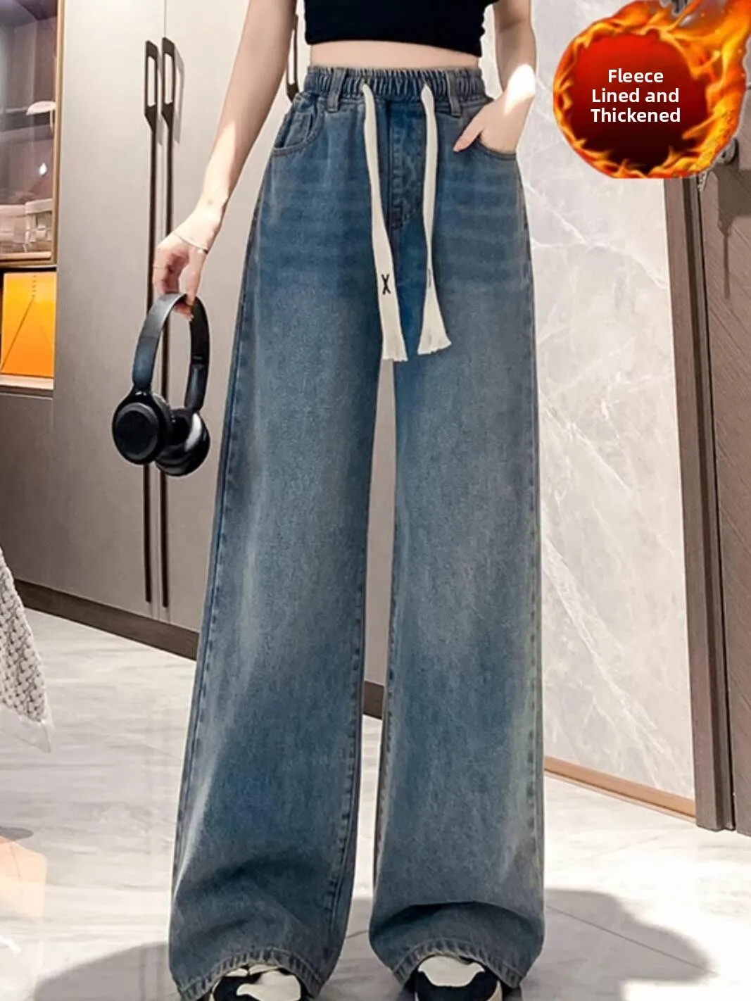 Loose Straight Leg Jeans Women's Spring Autumn plus Size Comfortable Drawstring Casual Slimming High Waist Blue Denim Trousers