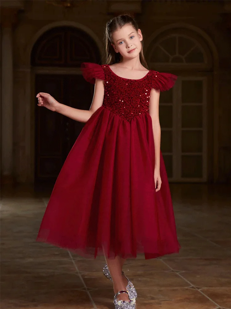 Burgundy Mesh Shiny Girl Birthday Party Mesh Prom Dress Luxury Girl Stage Performance Shiny Evening Dress Girl Flower Girl Dress