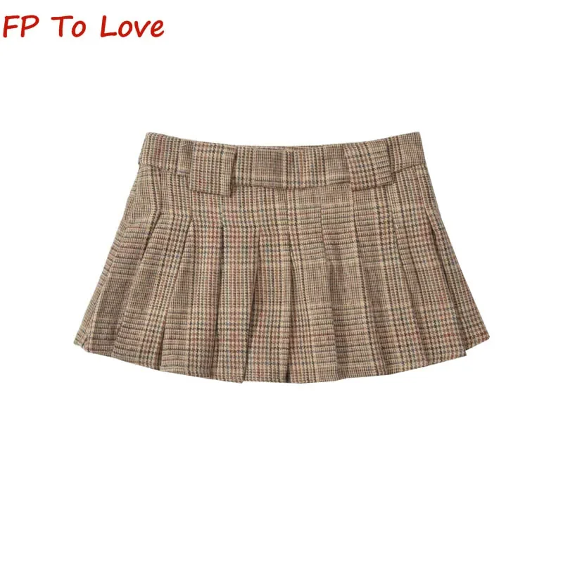 Autumn Winter Murad Tweed Vintage Khaki Check Pleated Skirt Spice Girls High Waisted Anti-Walking A-line Half-body Skirt