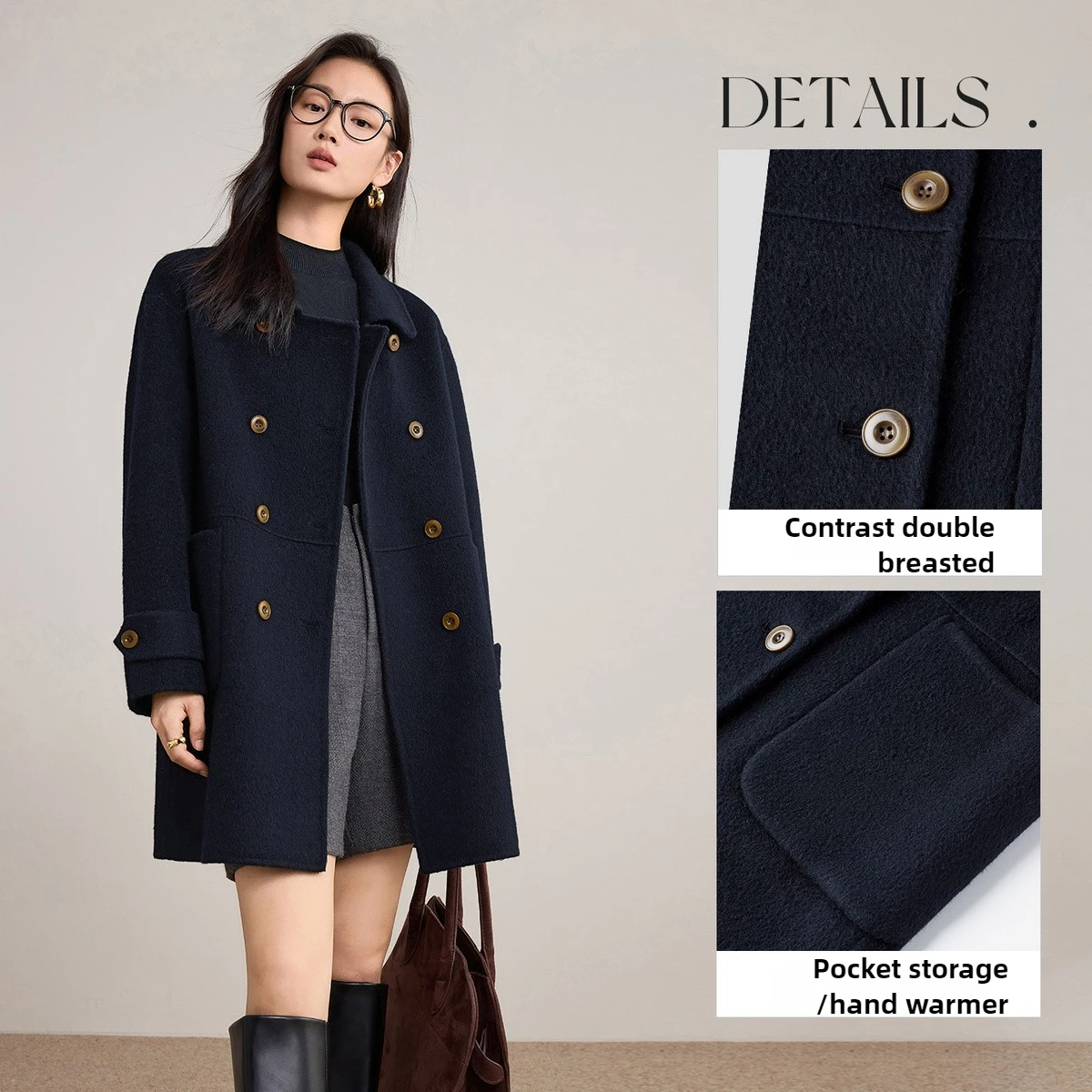 เสื้อโค้ทขนสัตว์แท้ 100% สำหรับผู้หญิง ยี่ห้อ SENTUBILA รุ่น W54OA2434 คอลเลคชั่นฤดูหนาว 2025 ดีไซน์ตัดต่อสี กระดุมสองแถว ทรงหลวม สไตล์ลำลอง