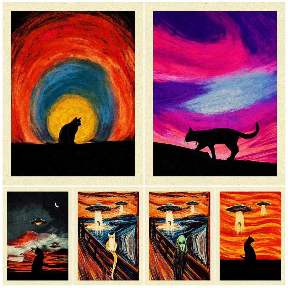 

Ufo And Cats Oil Painting Vintage Wall Art Canvas Painting Cat Fantasy Gothic Art Poster And Print For Living Room Decoration