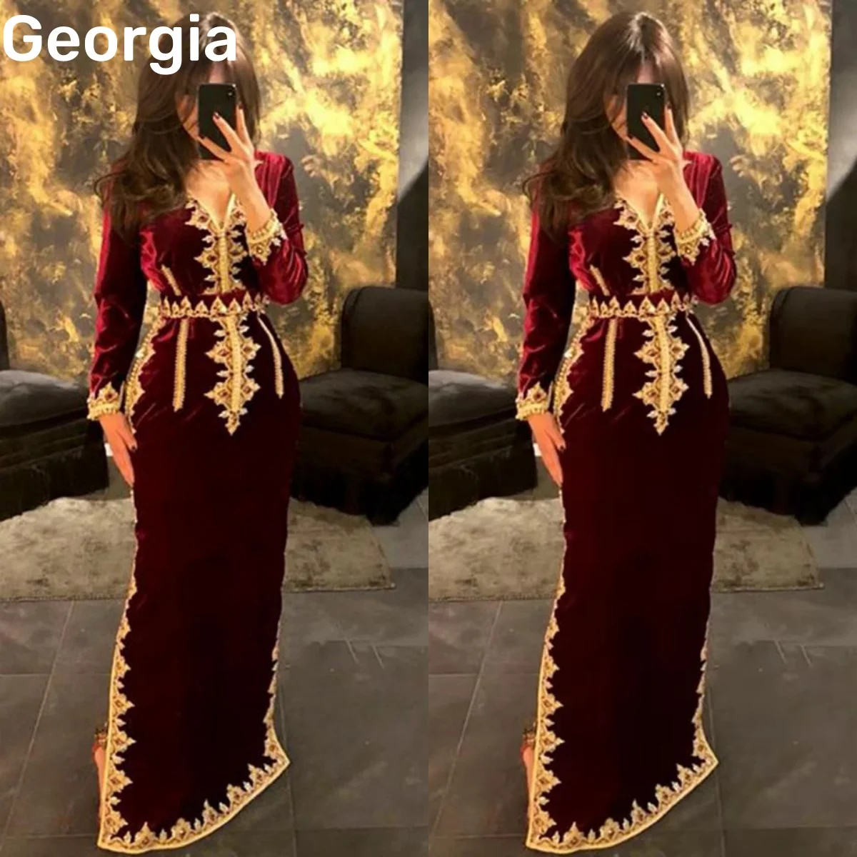 

Элегантные платья для торжественных случаев Настроить бордовый V-образным вырезом Русалка Марокканский кафтан Вечерние платья Бархатное золотое кружево Appl