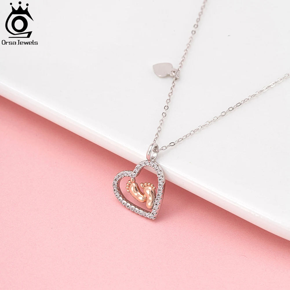 ORSA JEWELS Handmade 925 Sterling Silver Love Footprint Pendant Necklace Baby Foot Feet Necklace for Women Birthday Gift SN336