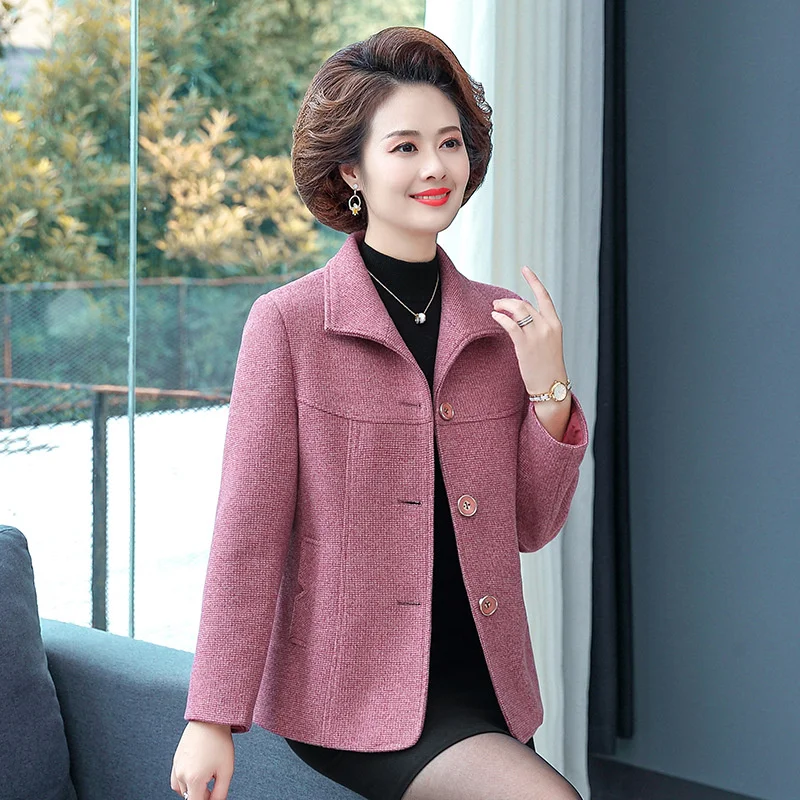 

Middle-aged Women Checked Woolen Coat Single-breasted Plaid Short Jackets Autumn Winter Female Large Size Casual Blazers Coats