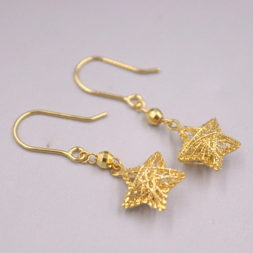 

Real Pure 18K Yellow Gold Women Lucky Hollow Thread Star Dangle Earrings 2.08g