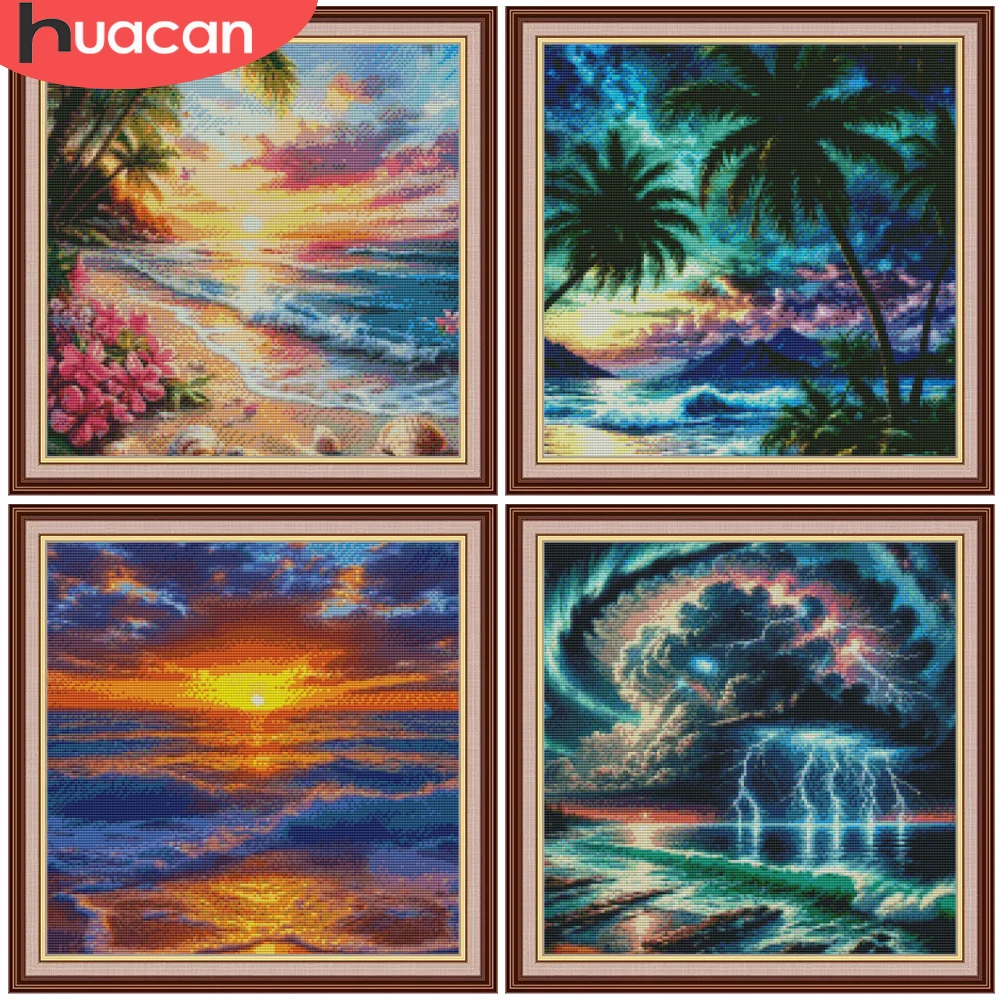

HUACAN 11CT Beach Cross Embroidery Sets Seaside Landscape Home Wall DecoratiOn Needlework Hand Sewing Printed Canvas