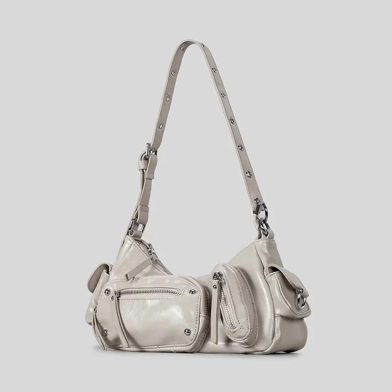 Y2K Punk Multi Pocket Motorcycle Underarm Bag with Metal Rivets and Adjustable Strap Large Capacity Crossbody for Women Teens