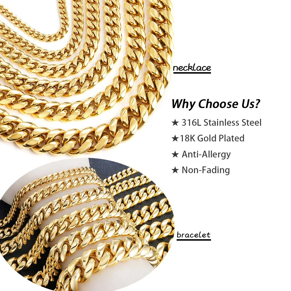 mens hiphop necklace jewelry women 18k gold pvd plated 316l surgical titanium non tarnish stainless steel miami cuban link chain