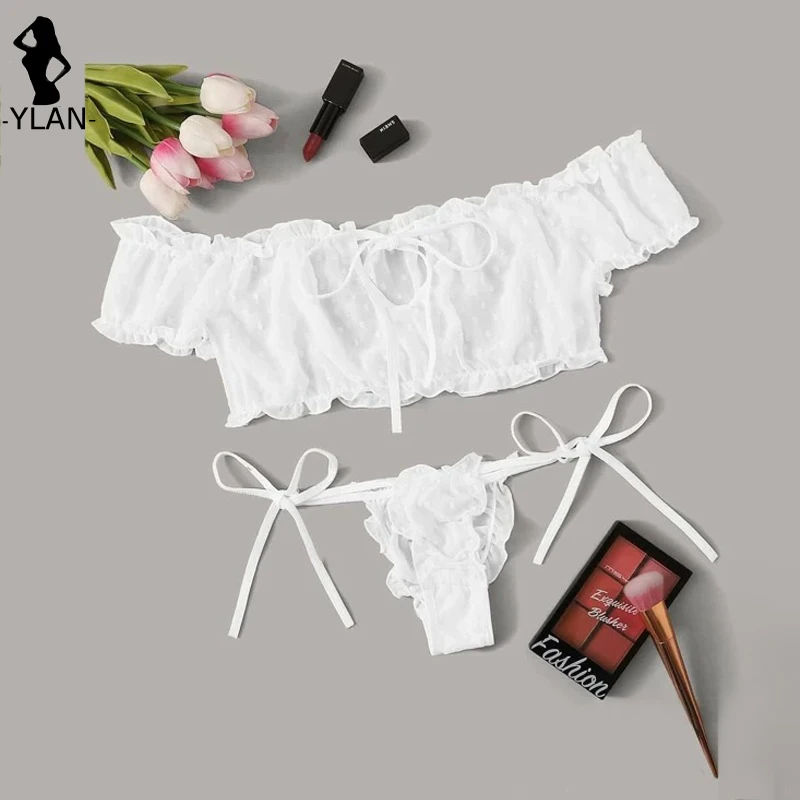 Lingerie da donna reggiseno a rete Sexy Set di biancheria intima con volant con spalle scoperte reggiseni trasparenti a pois carini fasciatura