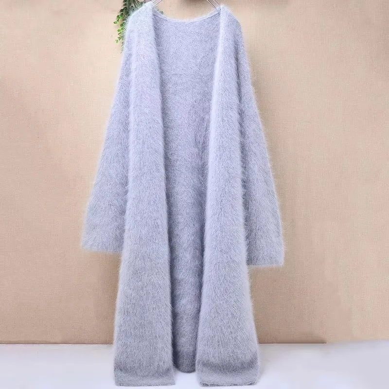 Women Mujer Autumn Winter Fashion Gray Hairy Angora Rabbit Hair Knitted Long Sleeves Loose Long Sweater Cardigan Mink Fur Mantle
