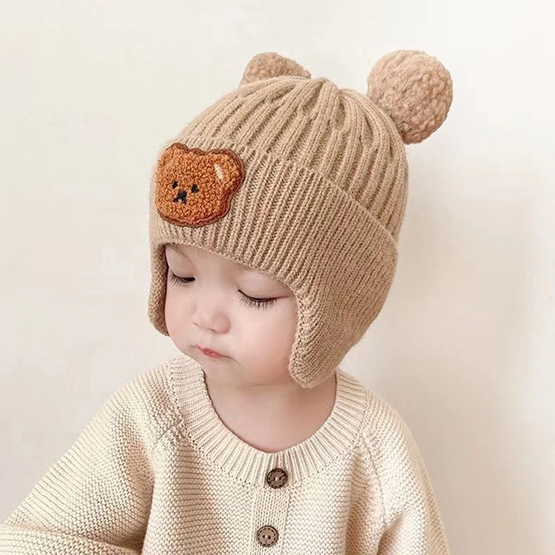 Cute Bear Knitted Earmuffs Hat For Children Winter Thick Warm Wool Hat For Infants And Toddlers