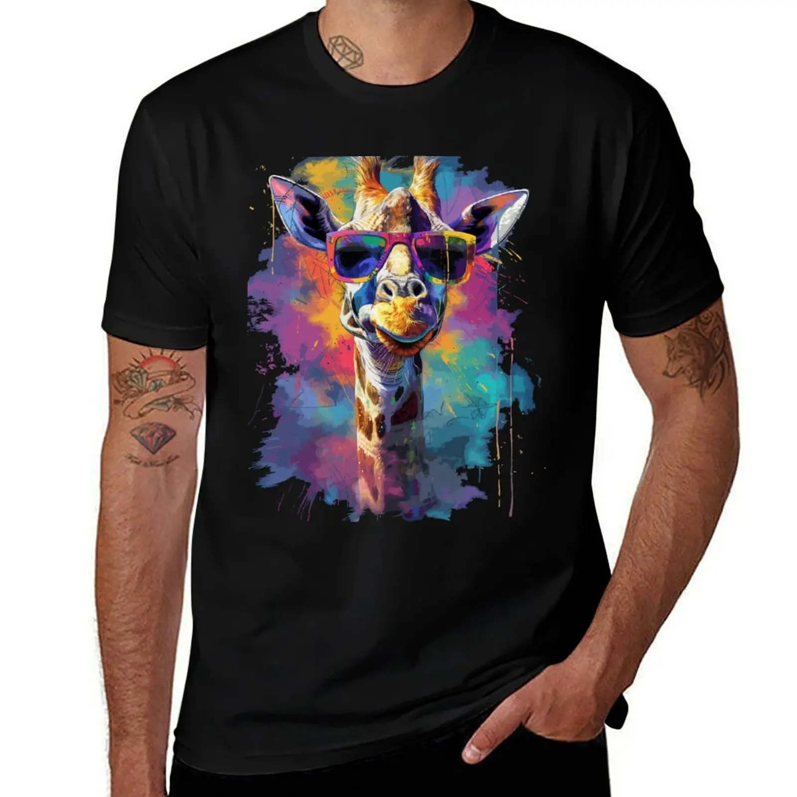 

Colourful/Colorful giraffe with sunglasses 02 T-Shirt designer shirts heavyweights oversized t shirt mens t shirts