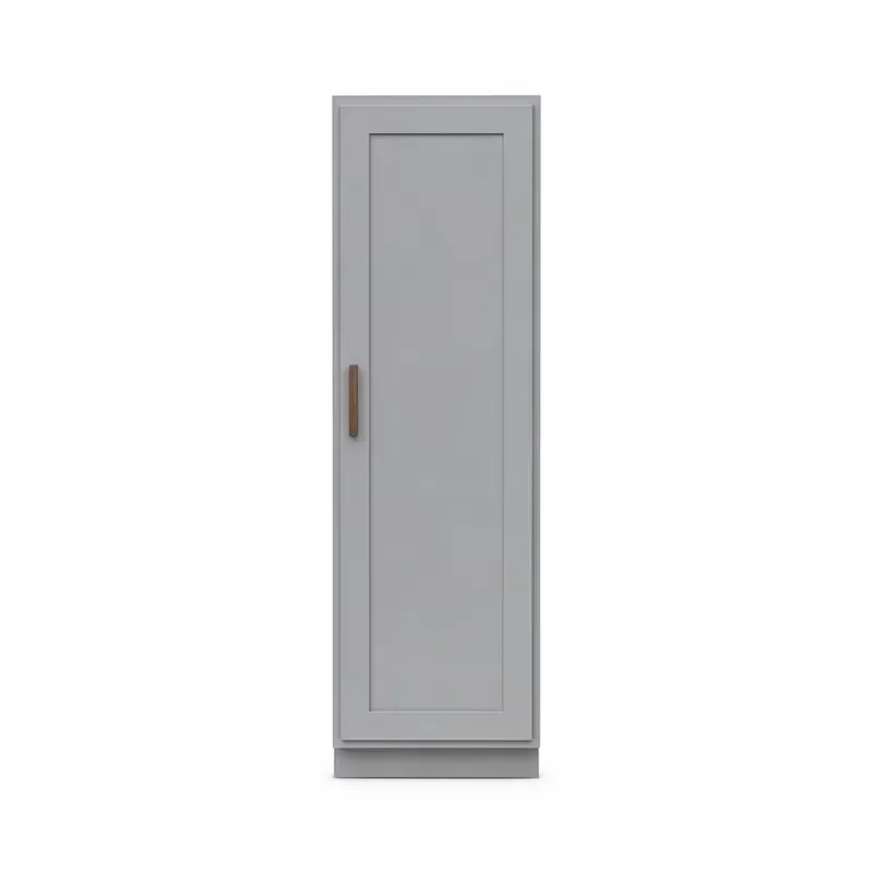 Gray kitchen locker with pull-out metal basket, custom high locker rocking door for villa kitchen projects