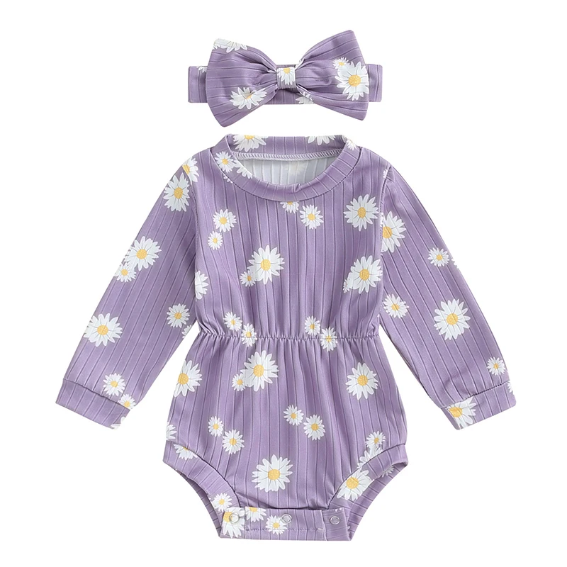 

Newborn Baby Girl Clothes Floral Print Long Sleeve Ribbed Romper Bodysuit Headband 2Pcs Infant Fall Winter Clothes