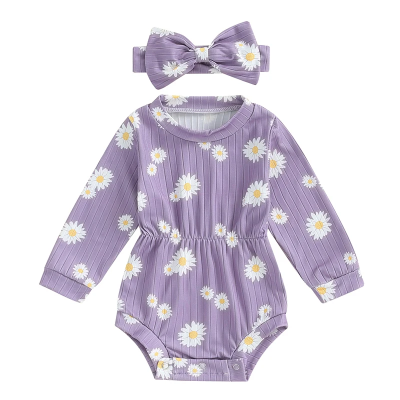 

Newborn Baby Girl Romper Daisy Long Sleeve Bodysuit Floral Jumpsuit with Headband Infant Fall Clothes 0-18M