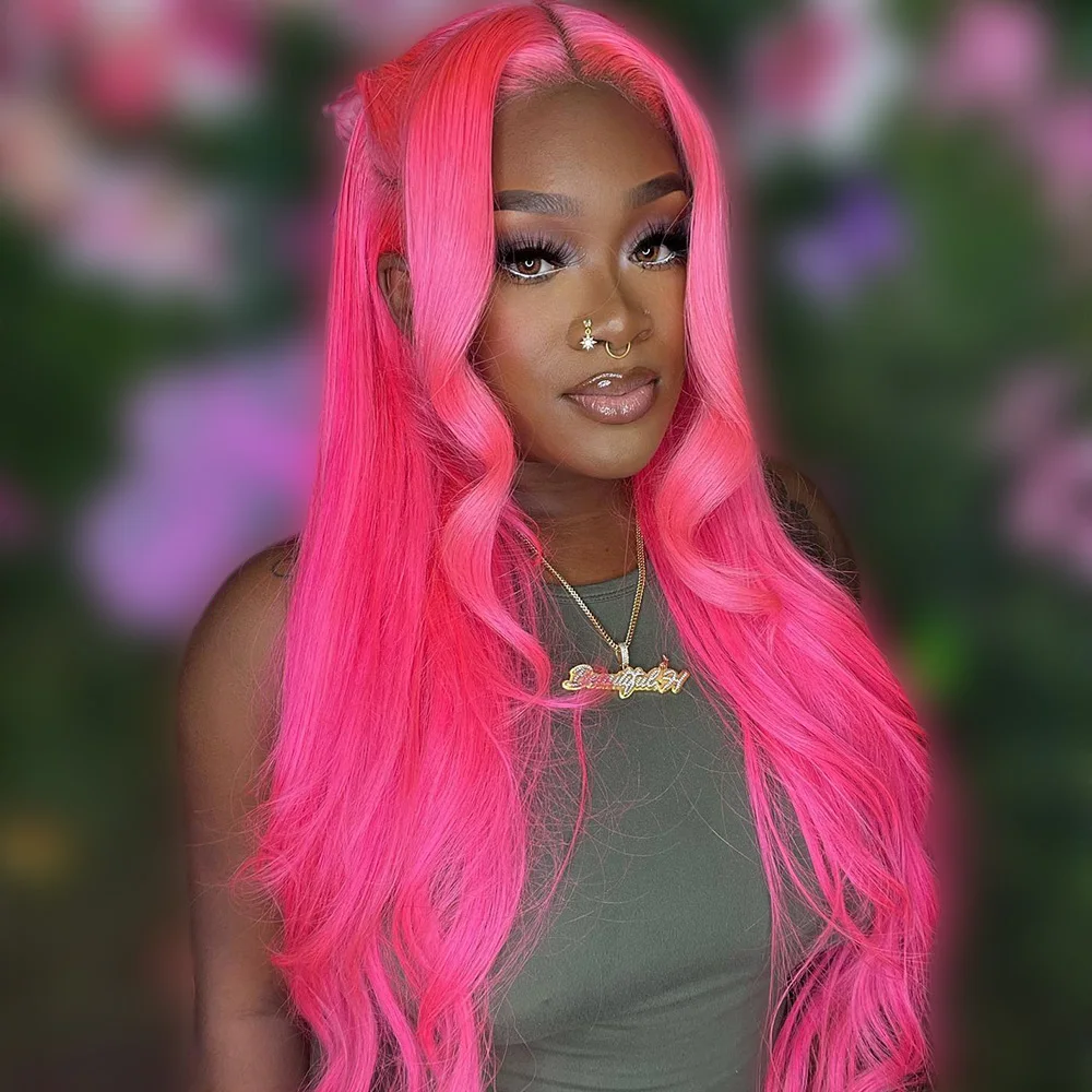 

Dark Pink Glueless Human Hair Wig 5x5 Transparent Lace Closure Wigs Rose Pink Pre-Plucking Brazilian Lace Frontal Wigs For Women