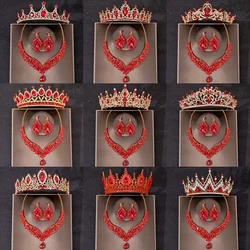 Red Color Crystal Bridal Jewelry Sets Rhinestone Tiaras Crown Necklace Earring Set For Women Bride Wedding Jewelry Set Crown