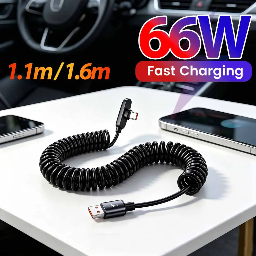 66W USB To Type C Fast Charging Spring Cable For Xiaomi 18 17 15 Poco Redmi 90 Degree Retractable Elbow USB C Data Car Cable