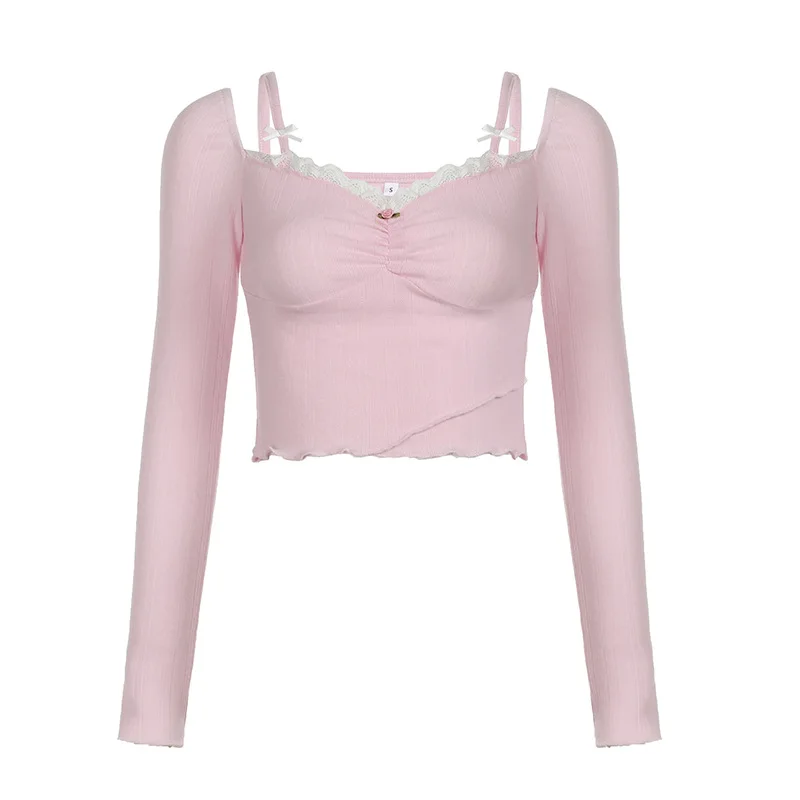 

Cute Tops Tee Women Long Sleeve Lace Trim Square Collar Bows Decoration Cotton Pink T-shirt for Sweet Girls Kawaii Clothes