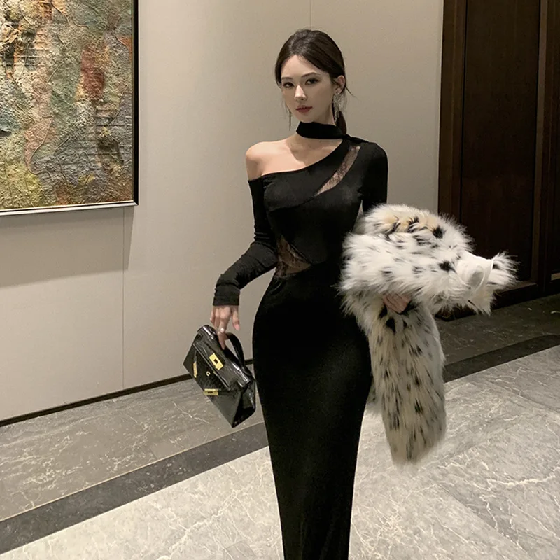 

2026 New Streetwear Black Lace Splice Sexy Pure Desire Autumn Winter Long Dress Vintage Women's Birthday Slim Fit Velvet Dresses