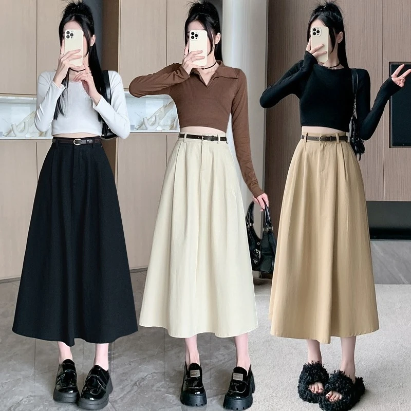 กระโปรงทรงเอไลน์ผ้าฝ้ายล้างสีสไตล์ฤดูใบไม้ร่วงสำหรับผู้หญิง พร้อมเข็มขัด รุ่นใหม่ปี 2025 เอวสูง สไตล์เกาหลี ทรงหลวม เหมาะสำหรับใส่ทำงาน มีกระเป๋า