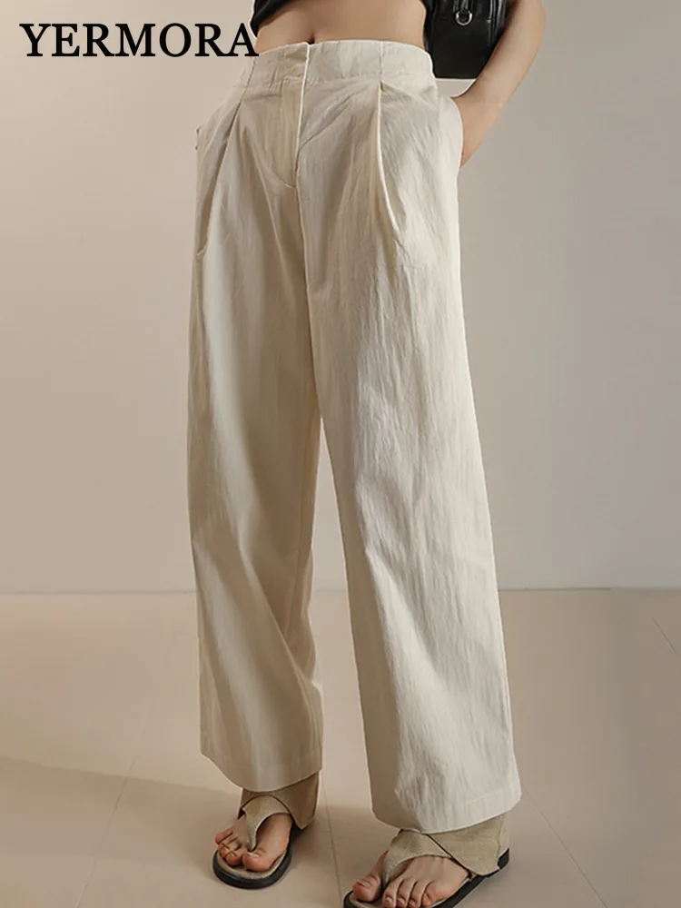 

YERMORA High Waist Beige Pleated Brief Casual Wide Leg Pants For Women Loose New Trousers Fashion Tdie Spring Summer 2025