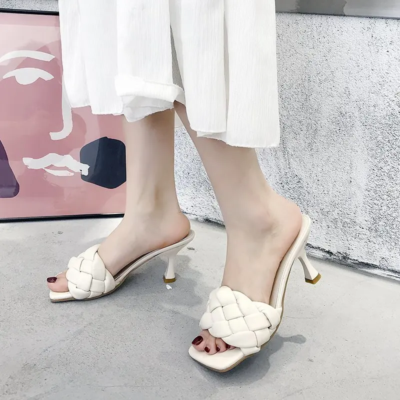 Summer Fashion Women's Square Toe Woven Sandals Luxury Brand Designer Sandals Comfortable Office and Casual Women's High Heels view 2