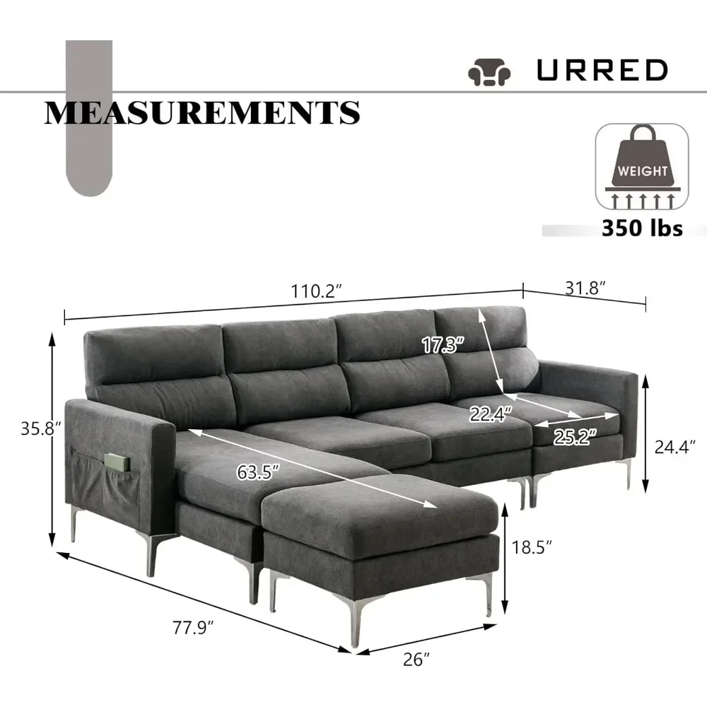 4 Seat U-Shaped Sofa Set for Living Room, Fabric Convertible Modular Sofa Sleeper with Double Chaise,Comfortable Backrest