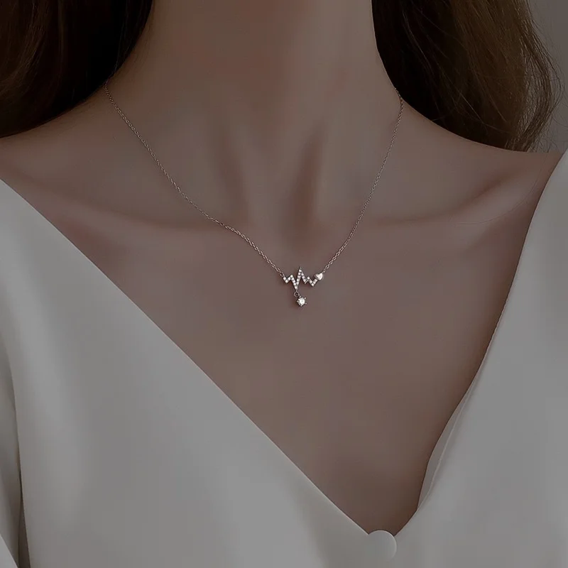 Korean Zircon ECG Pendant Necklace for Women Fashion Heart Choker Clavicle Chain Wedding Party Jewelry Birthday Gifts Wholesale