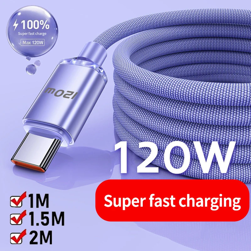 120W  Super Fast Charging CableType-C to Type-C Charging Cable PD Braided Quick Charge Data Cord For iPhone Xiaomi OPPO Samsung