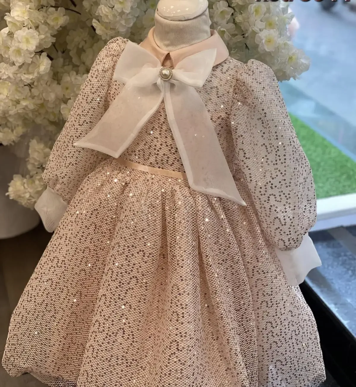 Sukienki dla dziewczynek z cekinami w kolorze szampana, szyte na miarę, z wysokim dekoltem i długim rękawem, sukienki urodzinowe dla niemowląt, sukienki na konkursy piękności, sukienki księżniczki na przyjęcia.