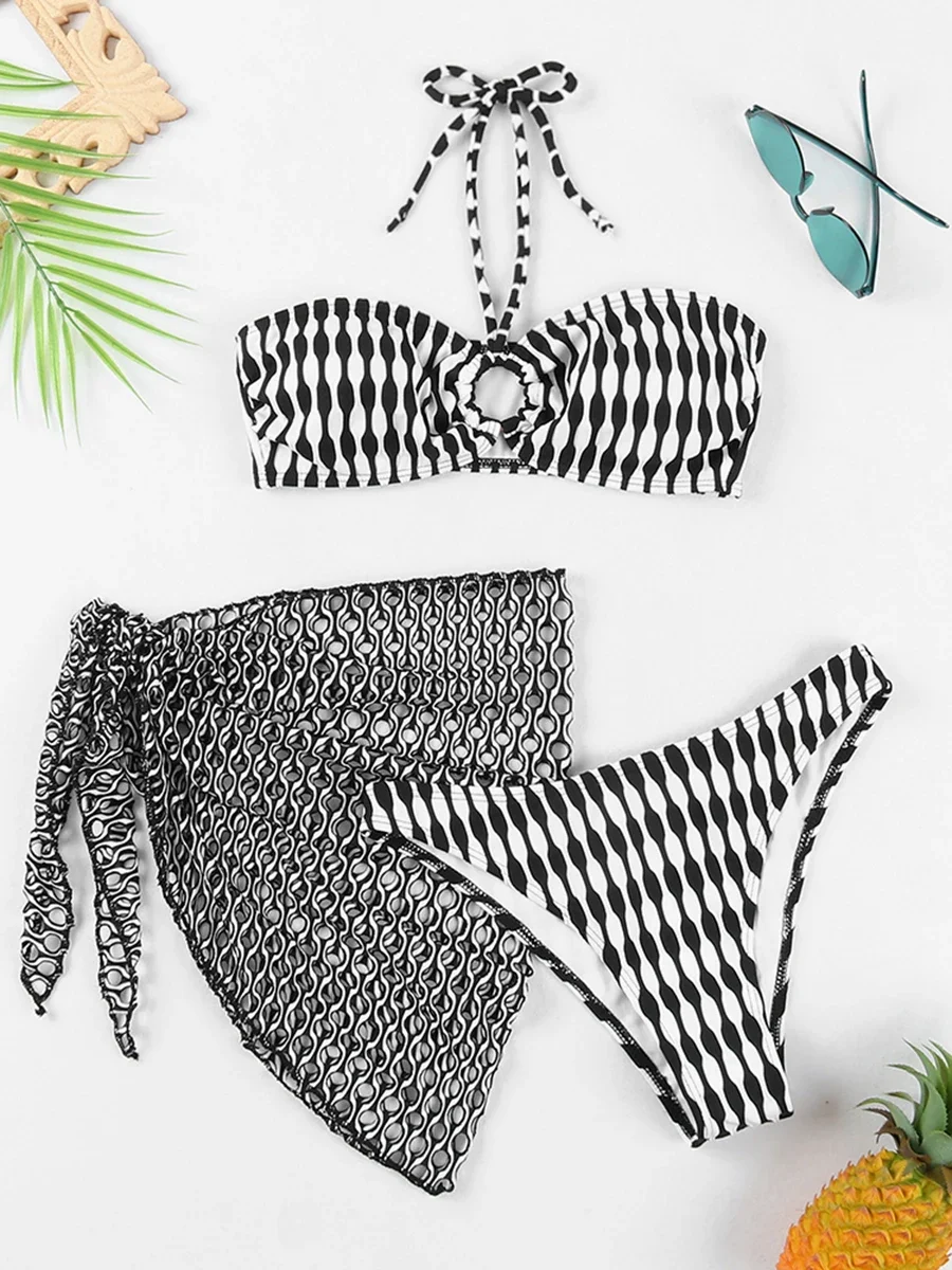 3 Pieces Triangle Halter String Ring Link Bikini Beach Skirt Swimsuit Women Swimwear Female Bathers Bathing Swimming Swim Suit