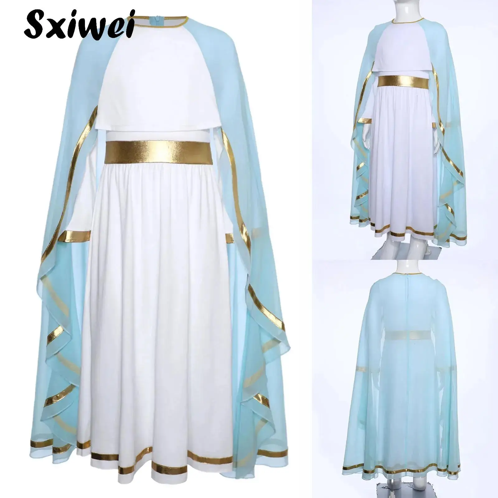 

Chiffon Flowing Cape Virgin Mary Costumes for Kids Girl Classic Biblical Religious Fancy Dress Halloween Carnival Cosplay Party