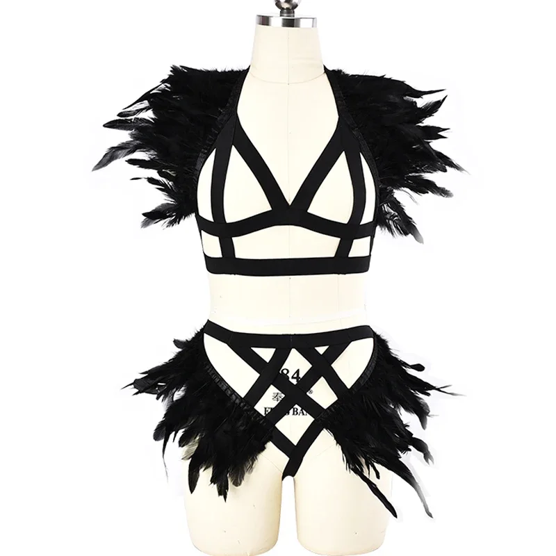 

Feather Body Harness Cage Bra Sexy Lingerie Elastic Bondage Goth Feather Wedding Leg Garter Belt Festival Rave Wear