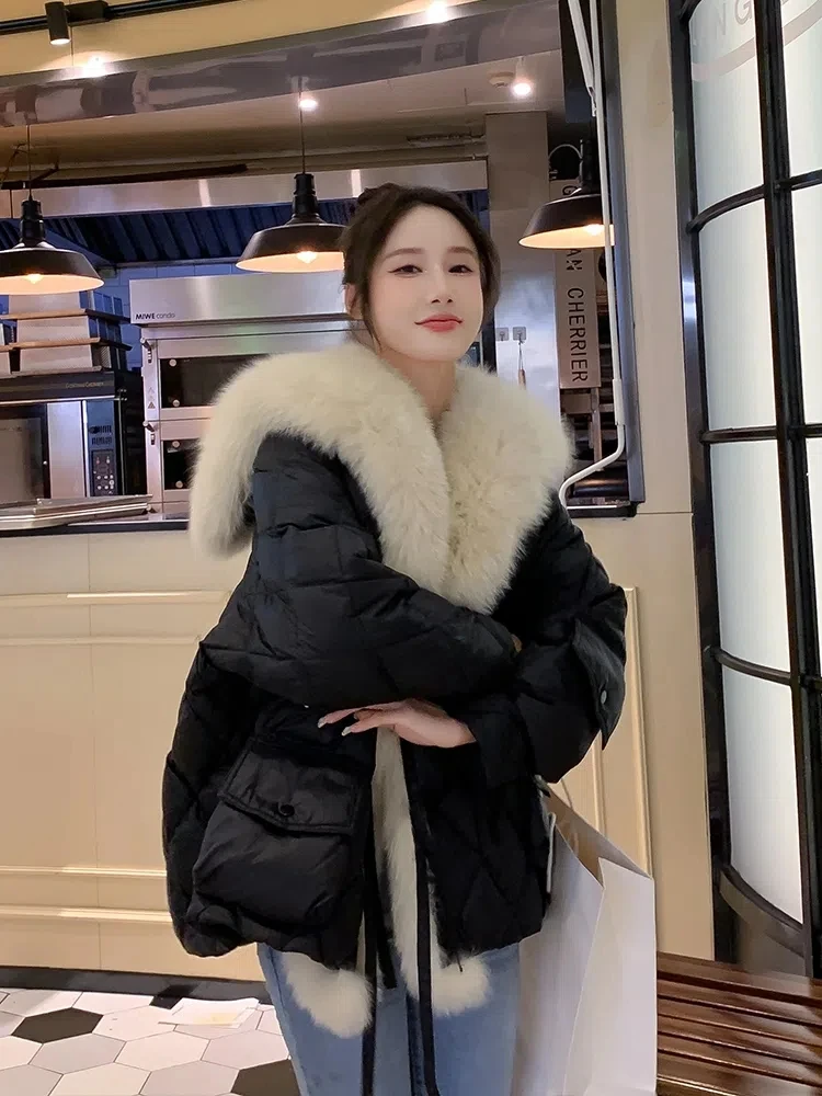 2025 New Women Winter Imitation Fox Fur Navy Collar Glossy Down Padded Jacket Women Long Cotton Coat Winter Warm Thicken Parkas